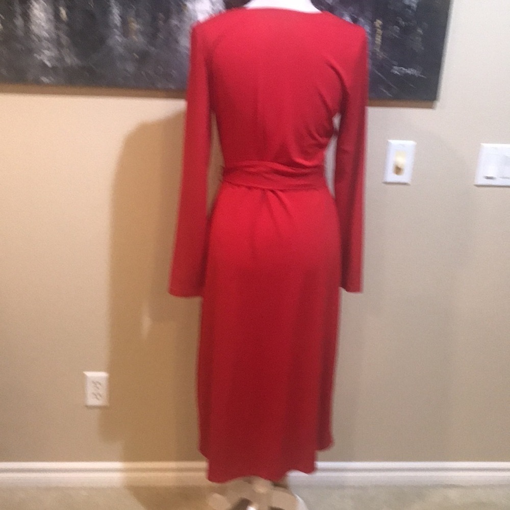 SIGNATURE COLLECTION Faux Wrap Dress Midi Red Jersey Knit Fit and Flare Dress-M - Picture 2 of 10